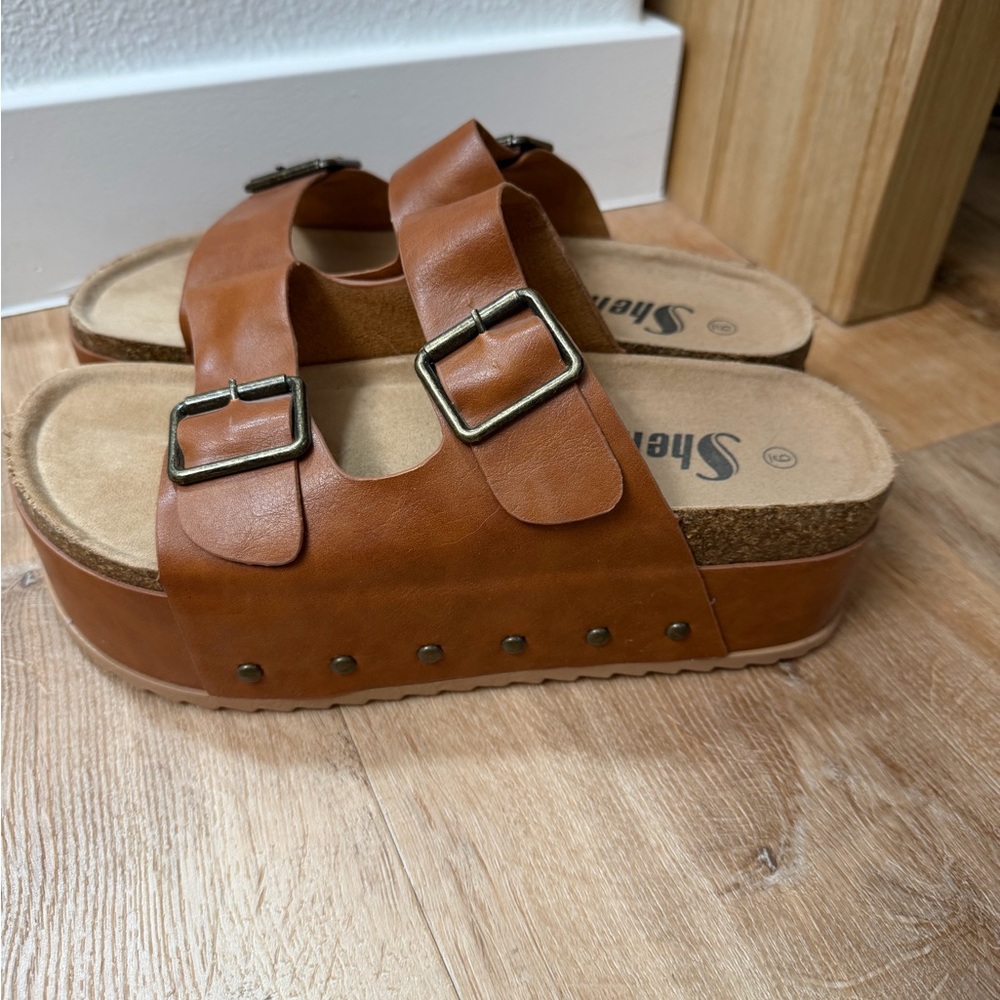 SHEIN Tan Double Buckle Platform Sandal Slides